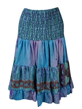 Womens Summer Ruched Skirt Blue Floral Beach Recycle Silk Skirts S/M