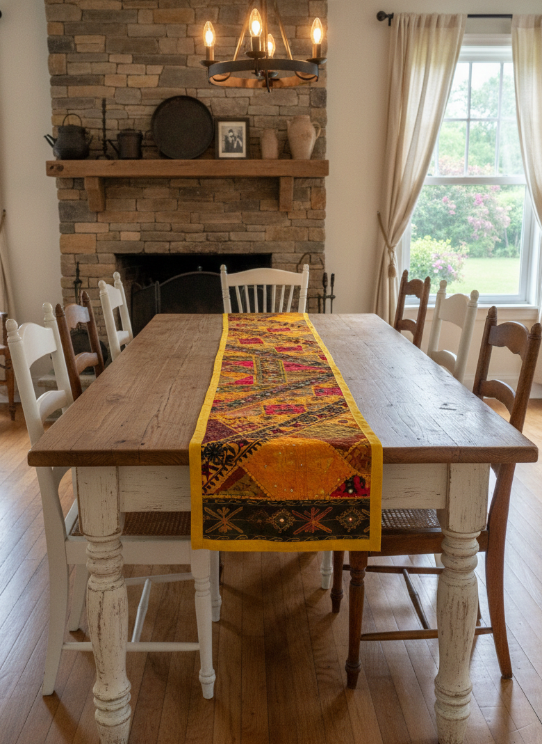 Banjara Yellow Patchwork Table Runner – Hand-Embroidered Wall Decor &