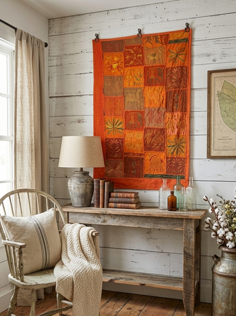 Vintage Sitara Sari Tapestry – Orange Ethnic Tablecloth, Bed Throw & Wall Décor