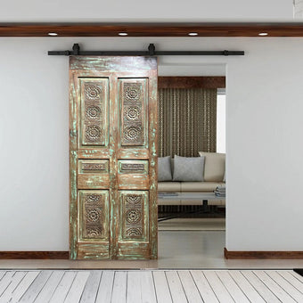 Vintage Carved French Door Teak Floral Green Rustic Door Panel 80x26