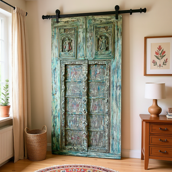 Vintage-style wooden door with decorative carvings in a room with a lamp, plant, and side table.