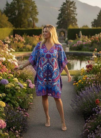 Women’s Blue & White Boho Caftan – Hippie Beach Dress for Breezy Summer Style L-2XL