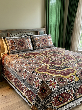 Indian Cotton Bedspread – Red & Beige Floral Paisley Bed Cover | Boho Picnic Blanket 90x80