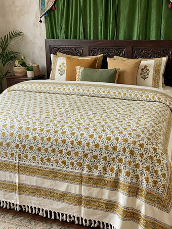 Cotton Picnic Throw – Indian Boho Yellow Daisy Floral Printed Bedspread 90x80