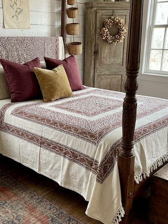 Handloom Cotton Picnic Throw – Red & White Floral Queen Size Bedspread & Bed Cover