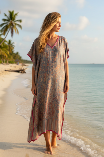 Handmade Gray Pashmina Kaftan – Bohemian Lounge Dress for Women ML