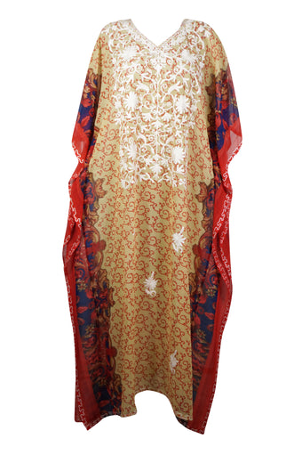 Kaftan Maxi Dress Georgette Red ,Beige Floral Embroidered Resort Wear Dresses, 4XL