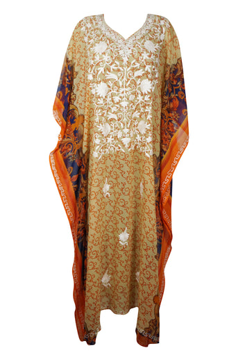 Kaftan Maxi Dress Georgette Orange Floral Resort Wear Dresses, 4XL