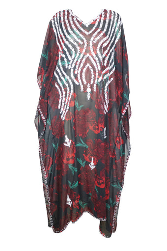 Women Maxi Dress Black, Red Floral Embroidered Resort Wear Dresses, 4XL