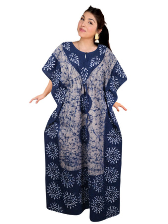 Women's Navy Blue Boho Chic Kaftan – Flowy Maxi Caftan Dress for Lounge & Resort Wear L-3XL