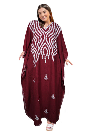 Women's Maroon Embroidered Cotton Maxi Kaftan – Resort Wear & Travel Caftan Dress L-4XL
