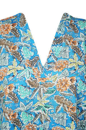 Womens Maxi Kaftan Dress, Cotton Blue floral Beach Maxi Dresses L-3X