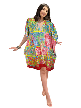 Women's Boho Cotton Kaftan Dress – Green & Red Floral Patchwork Midi Caftan S/M/L
