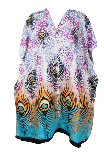 Women Boho Cotton Kaftan ,Pink Colourful Peacock Print Midi Caftan, Dress S/M/L