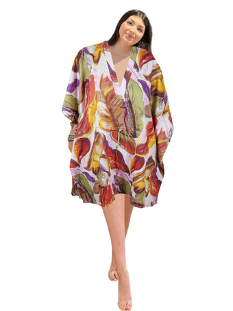 Women's Boho Cotton Kaftan Dress – Colorful Leaf Print Midi Caftan S/M/L