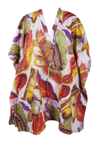 Women Boho Cotton Kaftan ,Colourful Leaf Print  Midi Caftan, Dress S/M/L