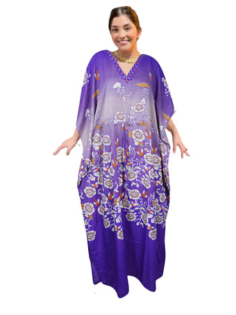 Womens Purple Floral Maxi Kaftan Dresses Beach Cover Lounger