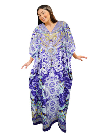 Women's Purple and White Kimono Maxi Kaftan – Boho Resort Wear Dress M-2X