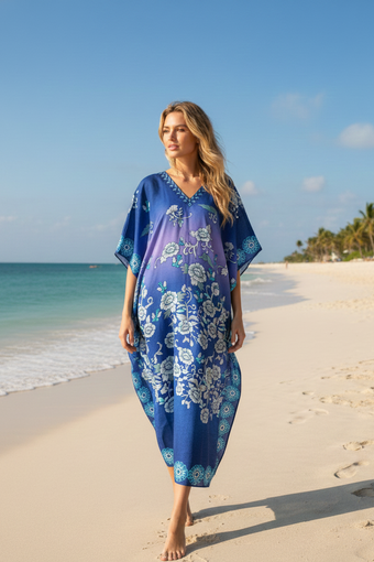 Women’s Azure Blue Maxi Kaftan Dress – Boho Kimono Caftan Resort Dress for Beach M-2X