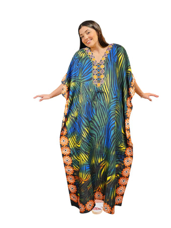 Womens Maxi Kaftan Dress Blue, Green Kimono Caftan Resort Dresses M-2X