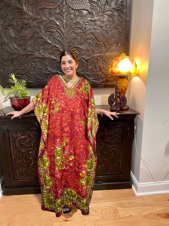 Boho Maxi Kaftan Dress Rose Red Kimono Caftan Resort Dresses M-2X
