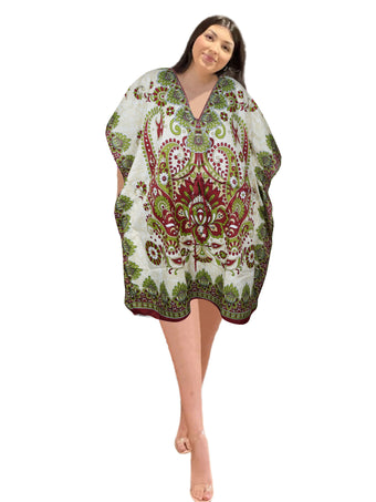 Women's Green & Red Boho Kaftan – Short Beach Dress for a Vibrant Summer Look L-2XL