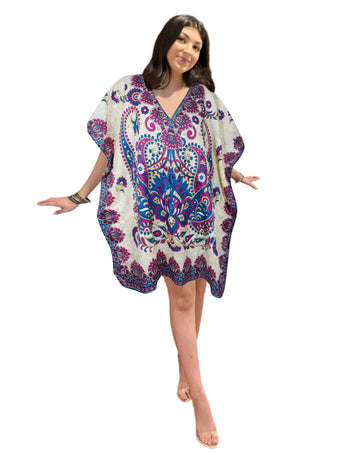 Women's Blue and Pink Short Boho Kaftan – Hippie Beach Dress for Summer Vibes L-2XL