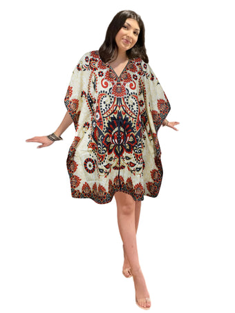 Women's Red & Black Floral Short Boho Kaftan – Colorful Silk Beachwear Dress L-2XL
