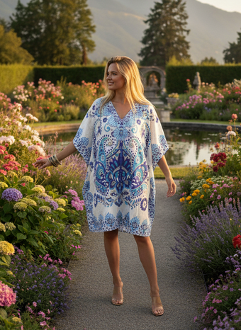 Women’s Short Boho Caftan Navy Blue & White – Hippie-Inspired Summer Beach Dress L-2XL