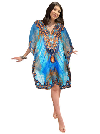 Women's Sky Blue & Orange Short Boho Caftan – Hippie Kaftan Dress Style L-2XL