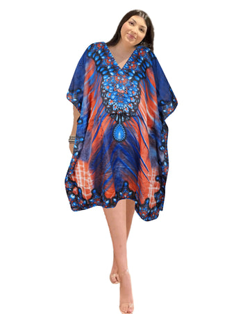 Women's Blue and Orange Boho Caftan – Short Hippie Kaftan Dress for Effortless Style L-2XL