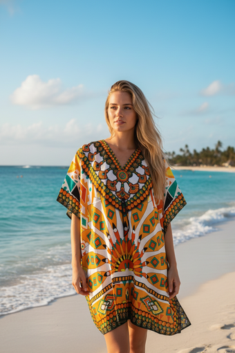 Women’s Yellow Boho Caftan – Short Hippie Beach Kaftan Dress for Summer Style & Resort WearL-2XL