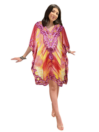 Women's Red and Yellow Boho Caftan – Short Hippie Beach Kaftan Dress Summer Style L-2XL