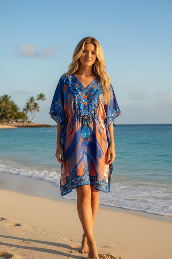 Women’s Blue & Orange Boho Caftan – BOGO Short Hippie Kaftan Dress for Effortless L-2XL