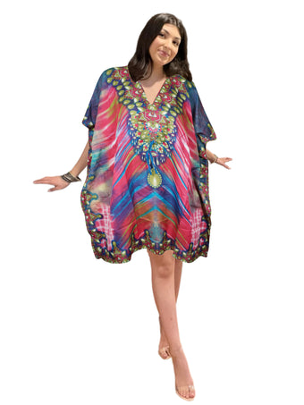 Women's Blue and Pink Boho Kaftan – Short Beach Cover-Up Dress L-2XL