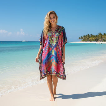 Blue & Pink Short Boho Kaftan – Women’s Beach Cover-Up Dress L-2XL