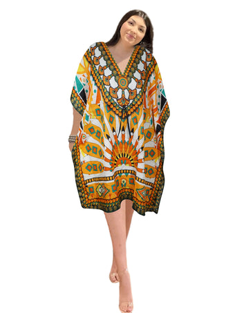 Women's Yellow Multi Boho Caftan – Short Hippie Beach Kaftan Dress Summer Style L-2XL