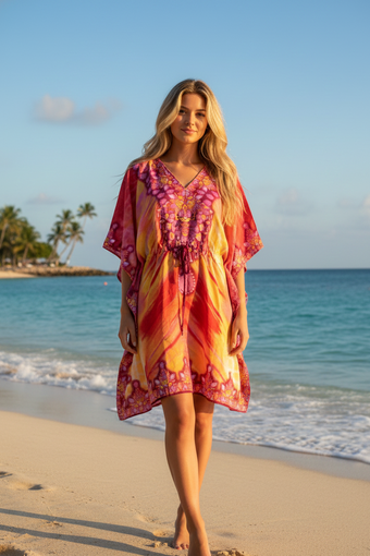 Women’s Red & Yellow Boho Caftan – BOGO Short Hippie Beach Kaftan Dress for Summer L-2XL