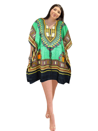 Forest Green Boho Kaftan Dress – Women's Short Beachwear for Vibrant Days L-2XL