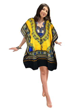 Women's Short Kaftan in Yellow and Blue – Breezy Boho Dress for Sunny Days L-2XL
