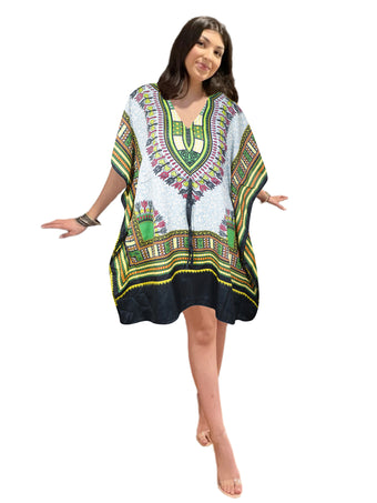 Women's Green Multi Short Boho Kaftan – Colorful Beachwear Dress for Sunny Days  L-2XL