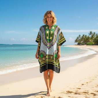 Green Multi Short Boho Kaftan – Women’s Colorful Beachwear Dress L-2XL