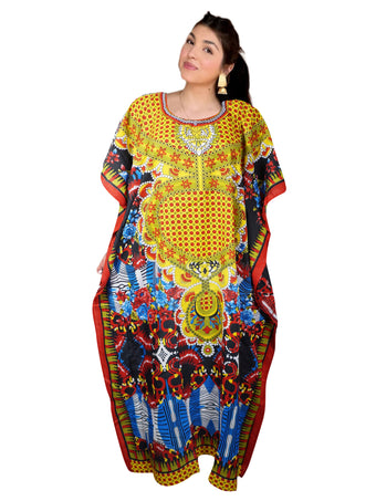 Boho Maxi Kaftan Dress for Women – Vibrant Yellow & Red Flowy Casual Caftan 2XL