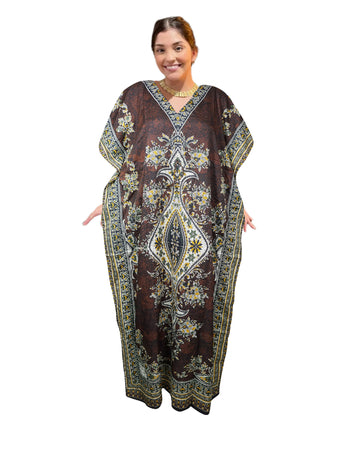 Women's Brown Multi Maxi Boho Kaftan – Hippie-Inspired Beach Dress for Effortless Summer Style L-2XL