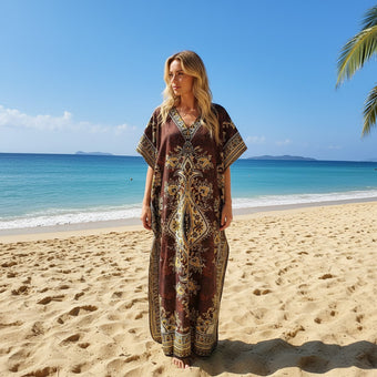 Brown Multi Boho Maxi Kaftan – Women’s Hippie Beach Dress L-2XL
