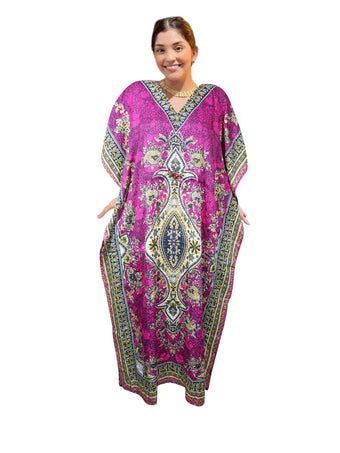 Women's Pink Maxi Boho Kaftan – Hippie-Inspired Beach Dress for Summer Style L-2XL