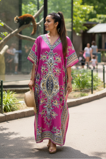 Women's Pink Maxi Kaftan – Hippie Boho Summer Dress, Loose & Breezy Beachwear L-2XL