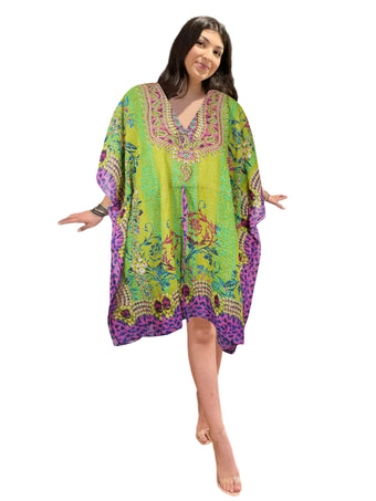 Bohemian Floral Kaftan Tunic – Green & Purple Georgette Beach Cover-Up XL