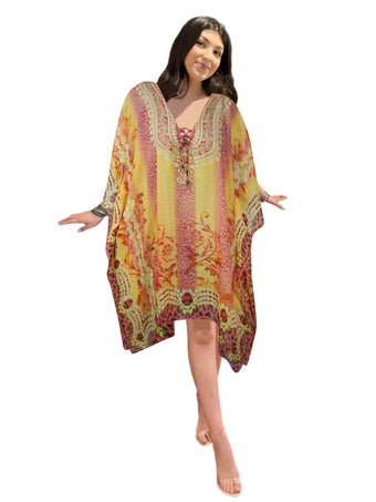 Boho Floral Kaftan Tunic – Red & Yellow Georgette Beach Dress Cover-Up XL