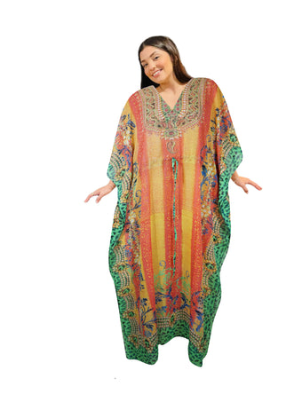 Bohemian Georgette Caftan Maxi Dress – Soft Cruise Wear in Orange & Yellow XL